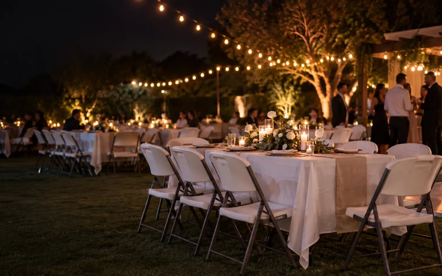 Reception tables set under string lights at an outdoor event