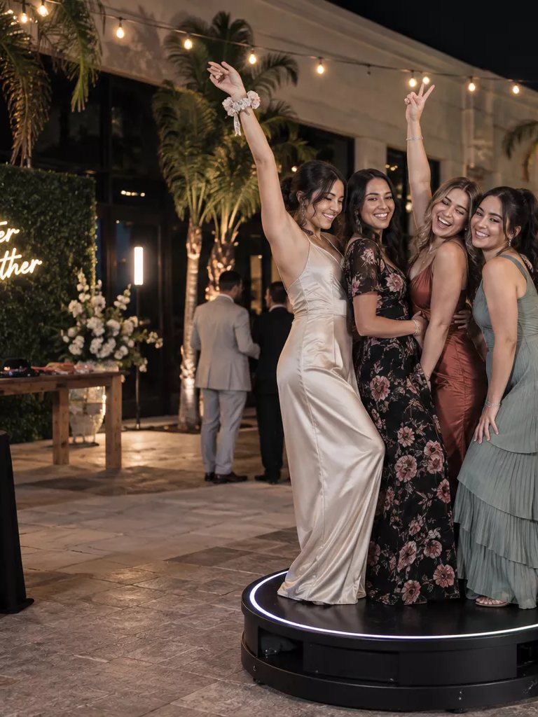 Guests celebrating together on the 360° photo booth platform