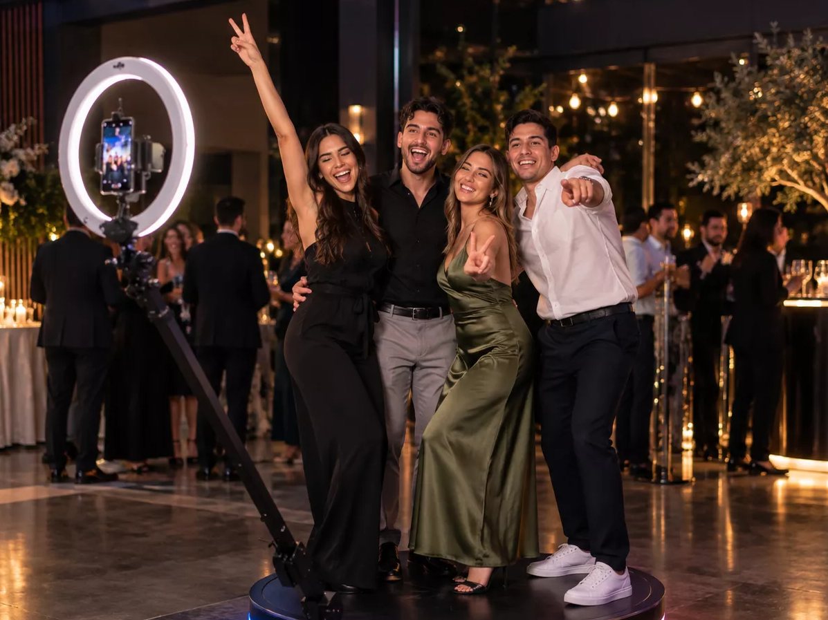 Four friends posing on the 360° platform at an evening reception