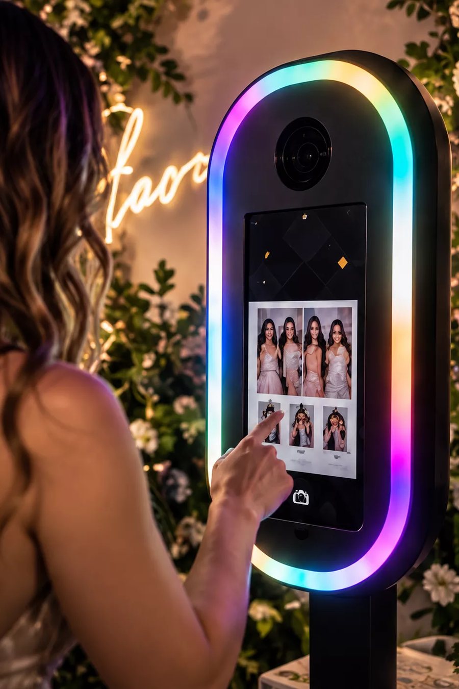A guest choosing her photos on the booth touchscreen