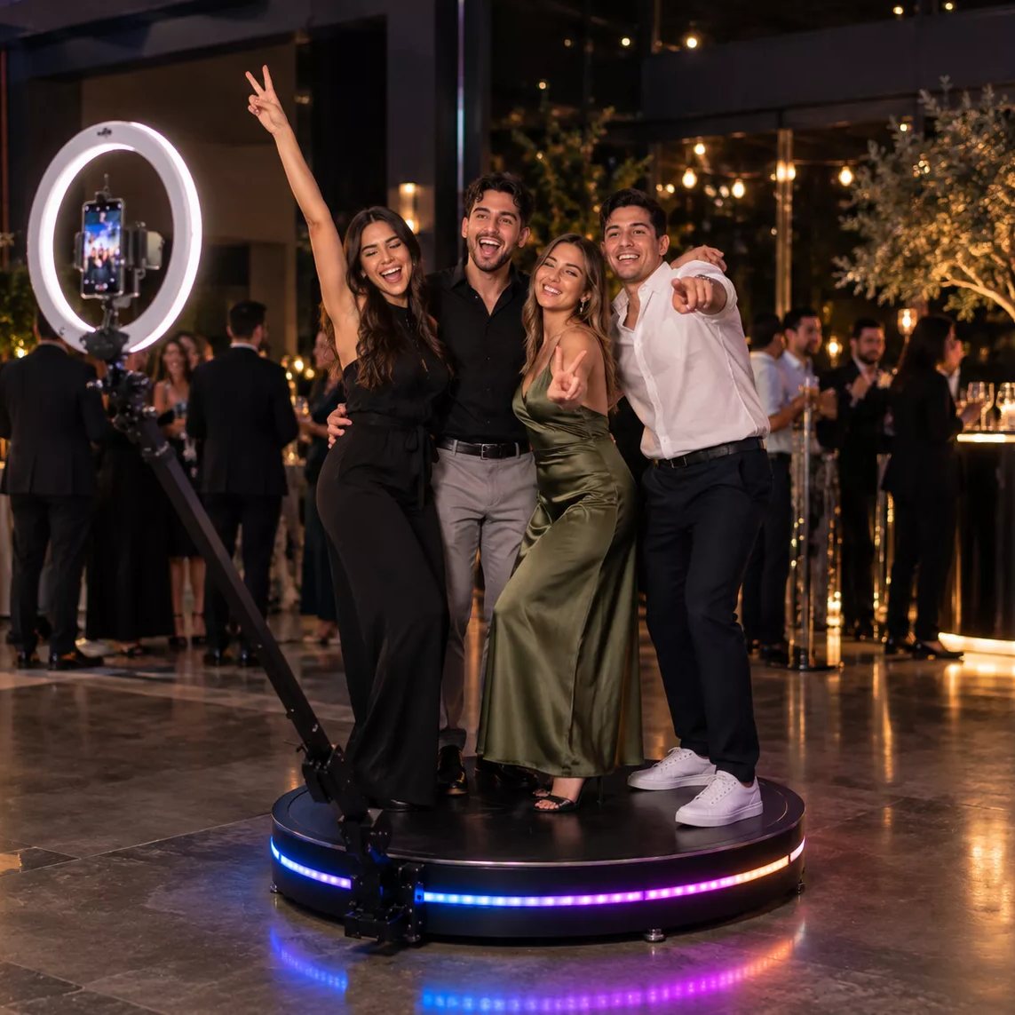 A newlywed couple celebrating on the 360° photo booth platform