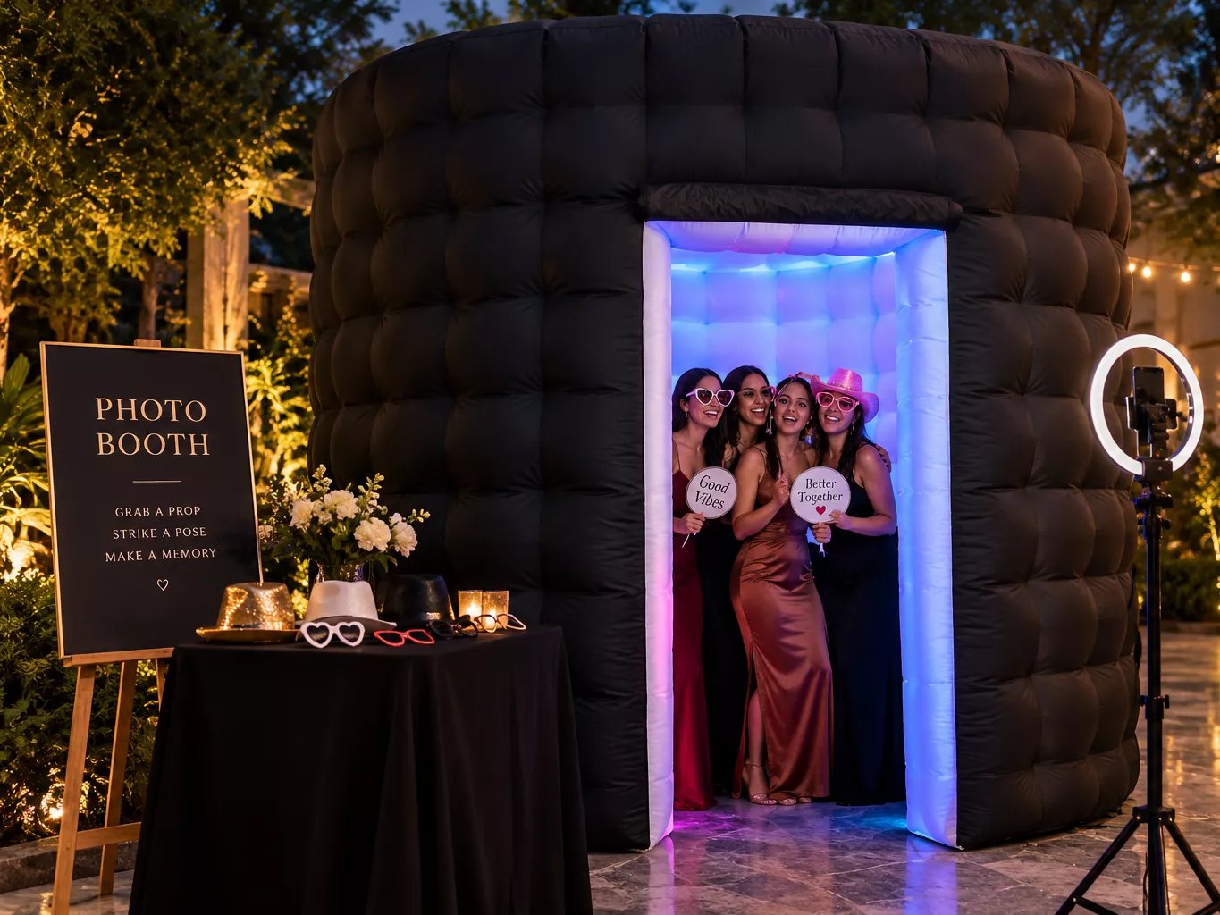 Guests posing with props inside the glowing LED photo cabin