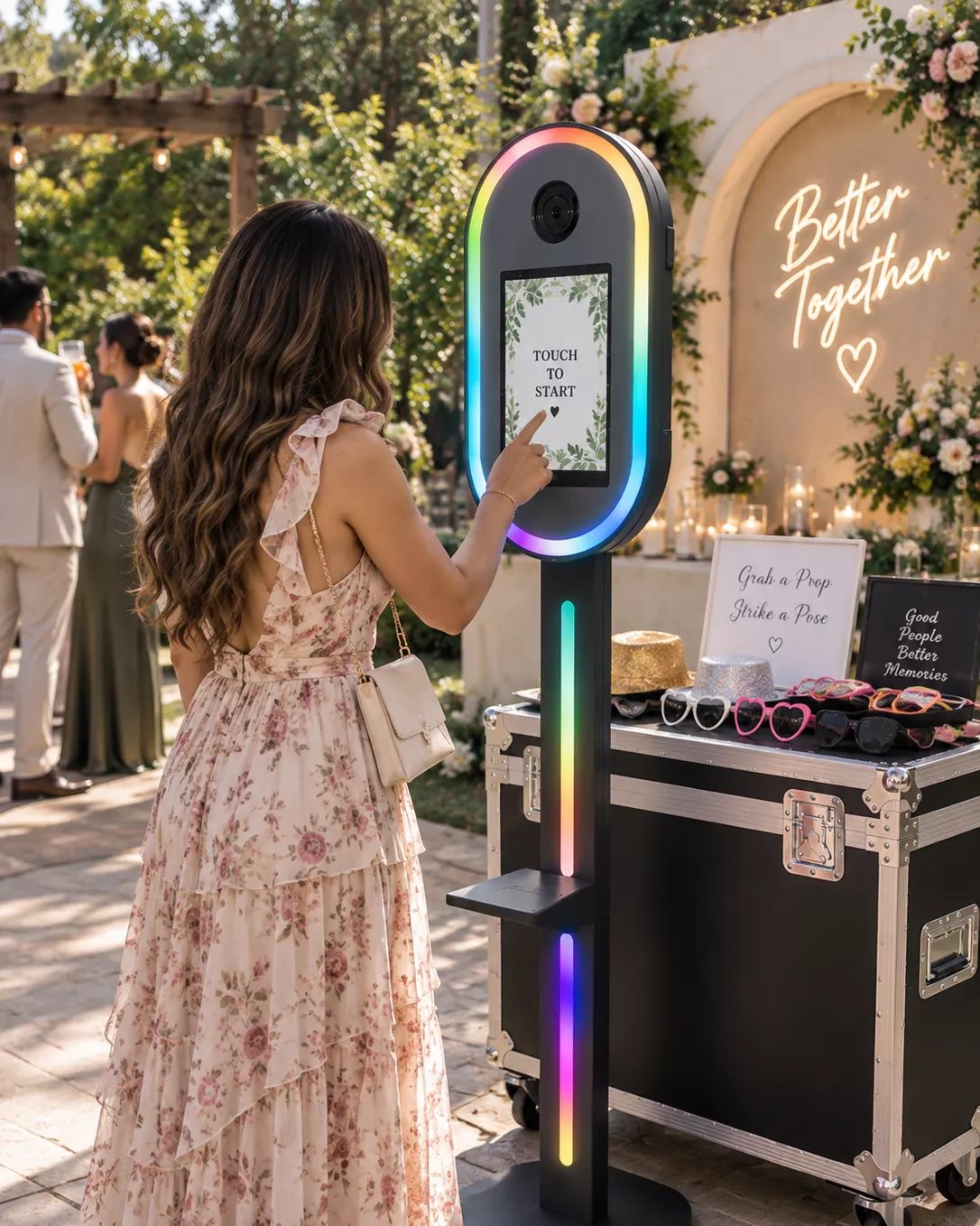 A guest using the interactive photo booth's touchscreen at a wedding reception