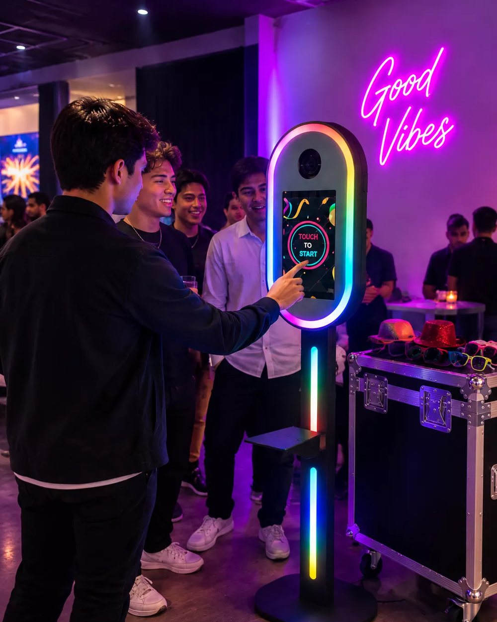 Friends posing at the interactive photo booth on a red carpet