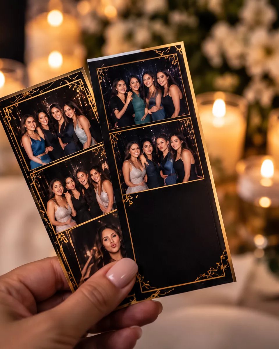 A guest at the interactive photo booth beside the prop table