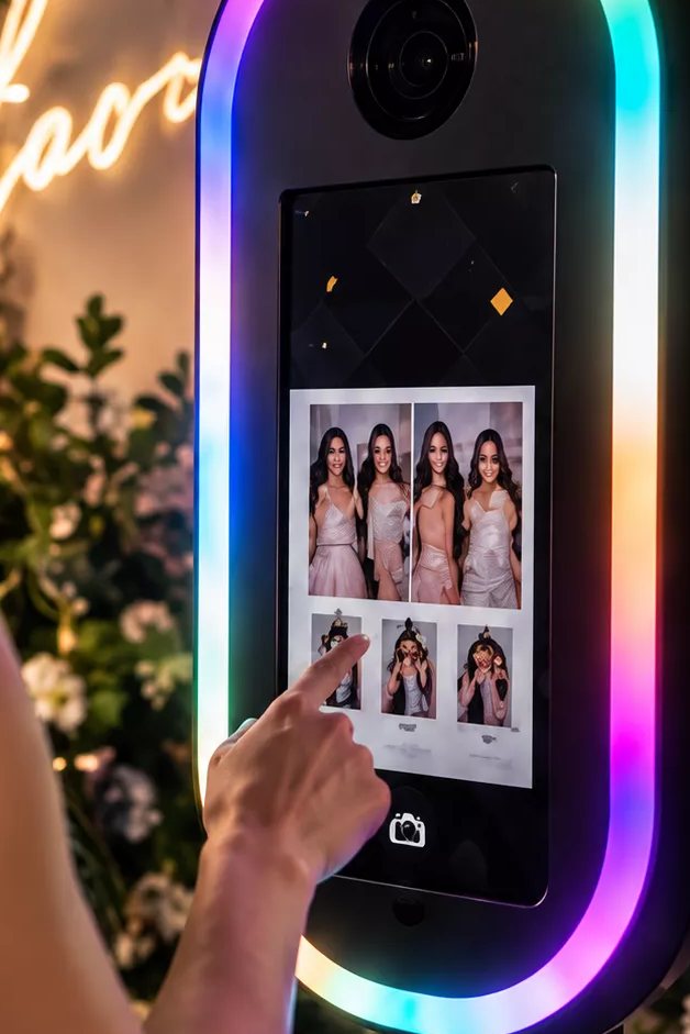 A group cheering on the 360° photo booth platform