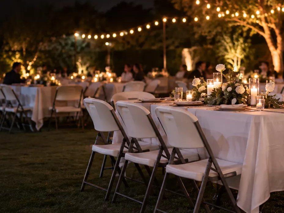 Reception tables set under string lights